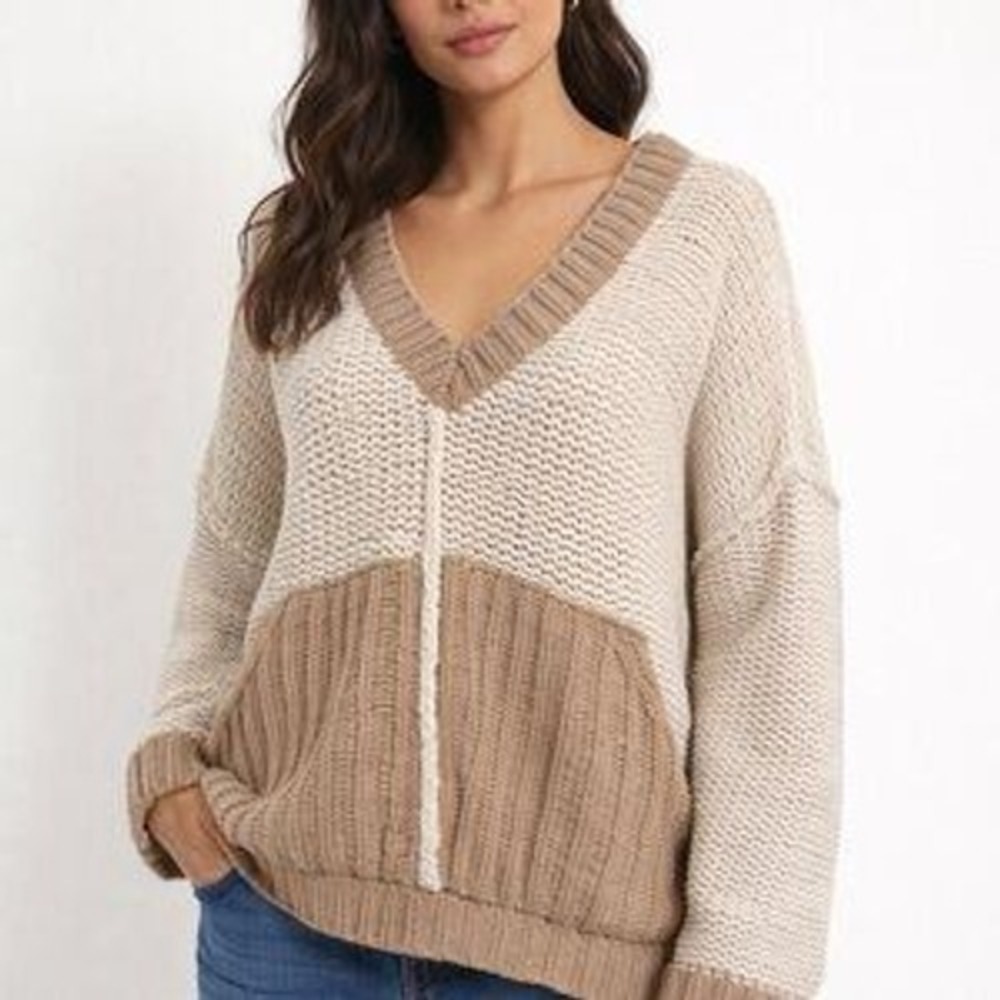 POL Womens Cream Colorblock Oversized Chenille Chunky Knit Sweater MEDIUM